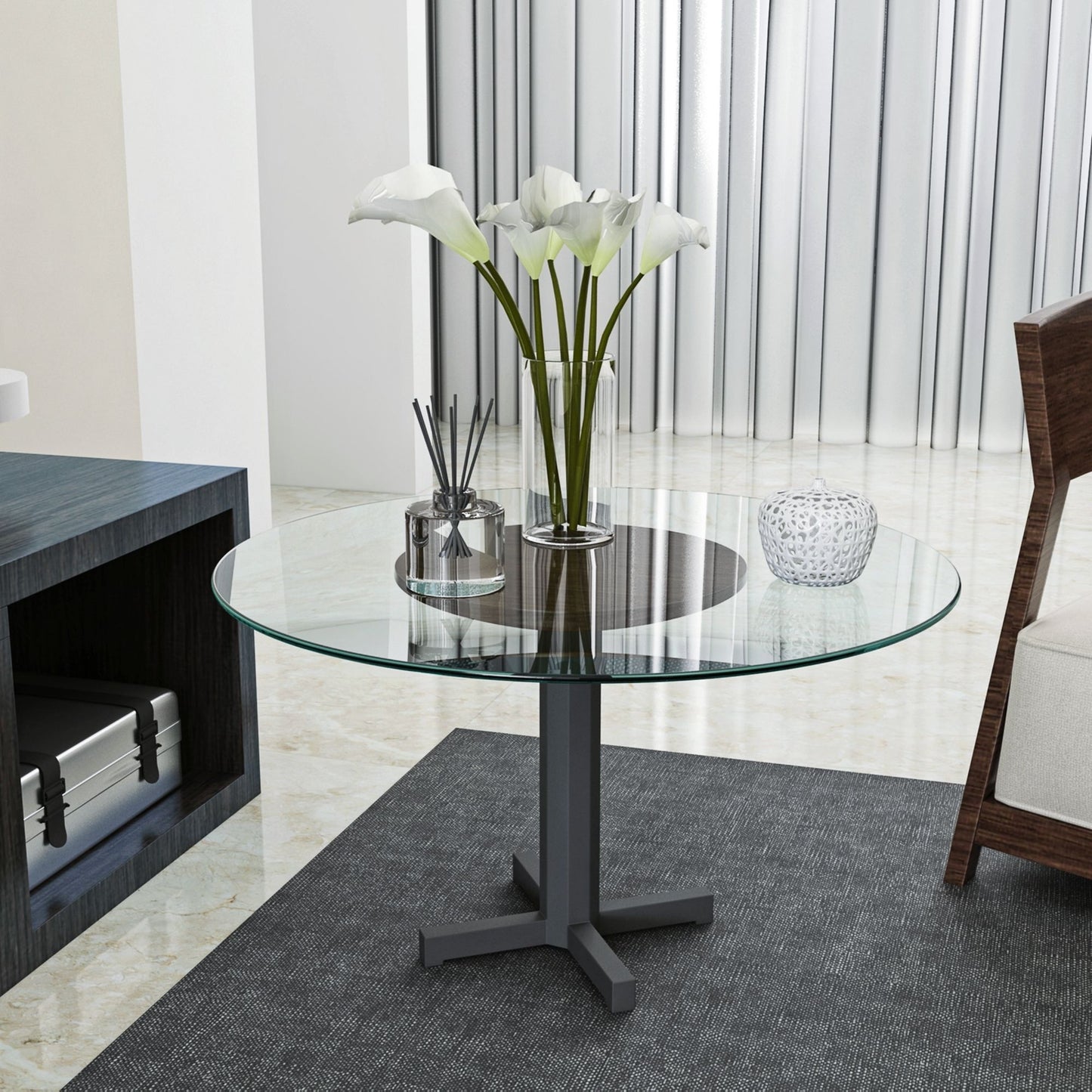 24-inch round tempered glass table top, clear 1/4-inch thick with a polished edge