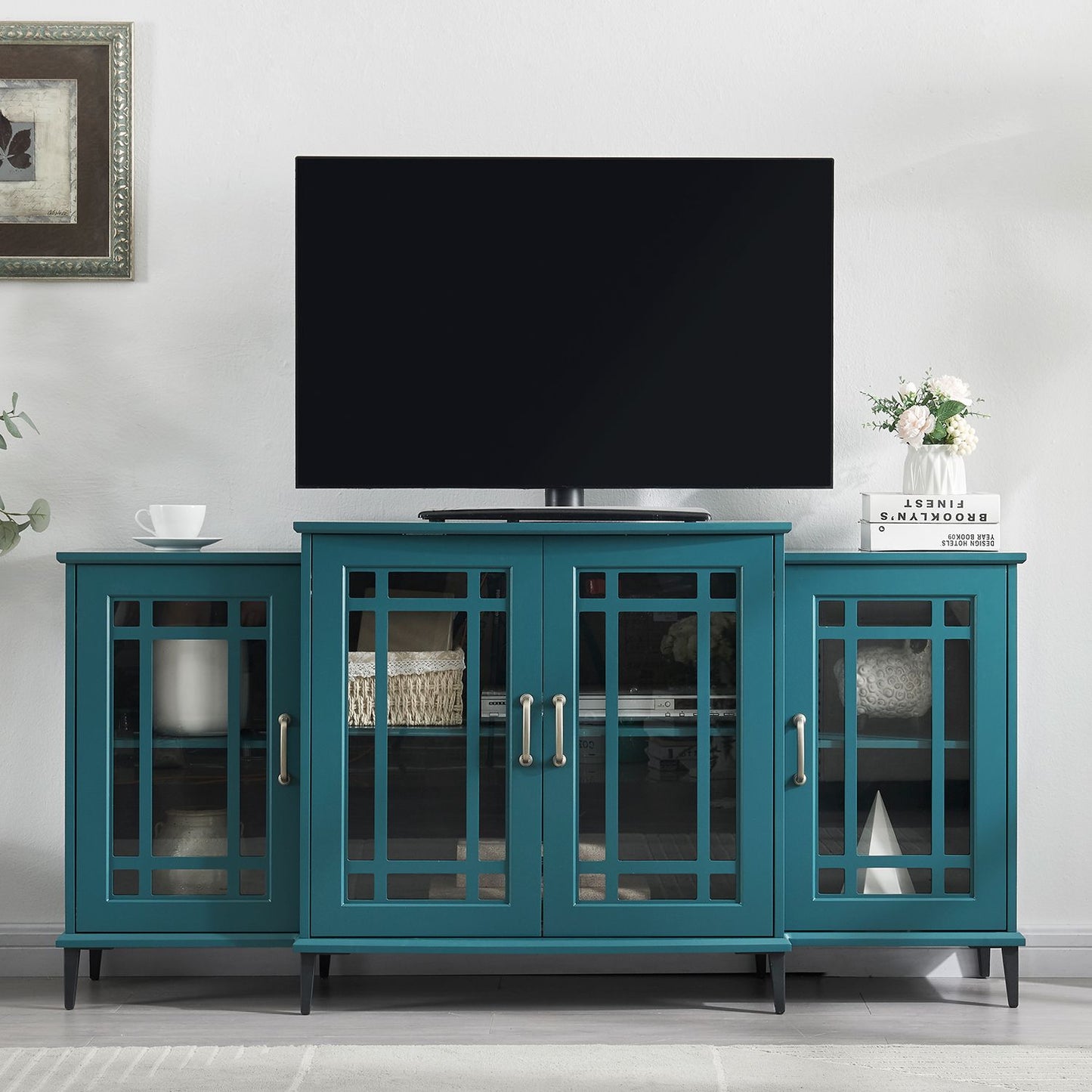 62-inch teal blue TV stand buffet cabinet with glass-front doors