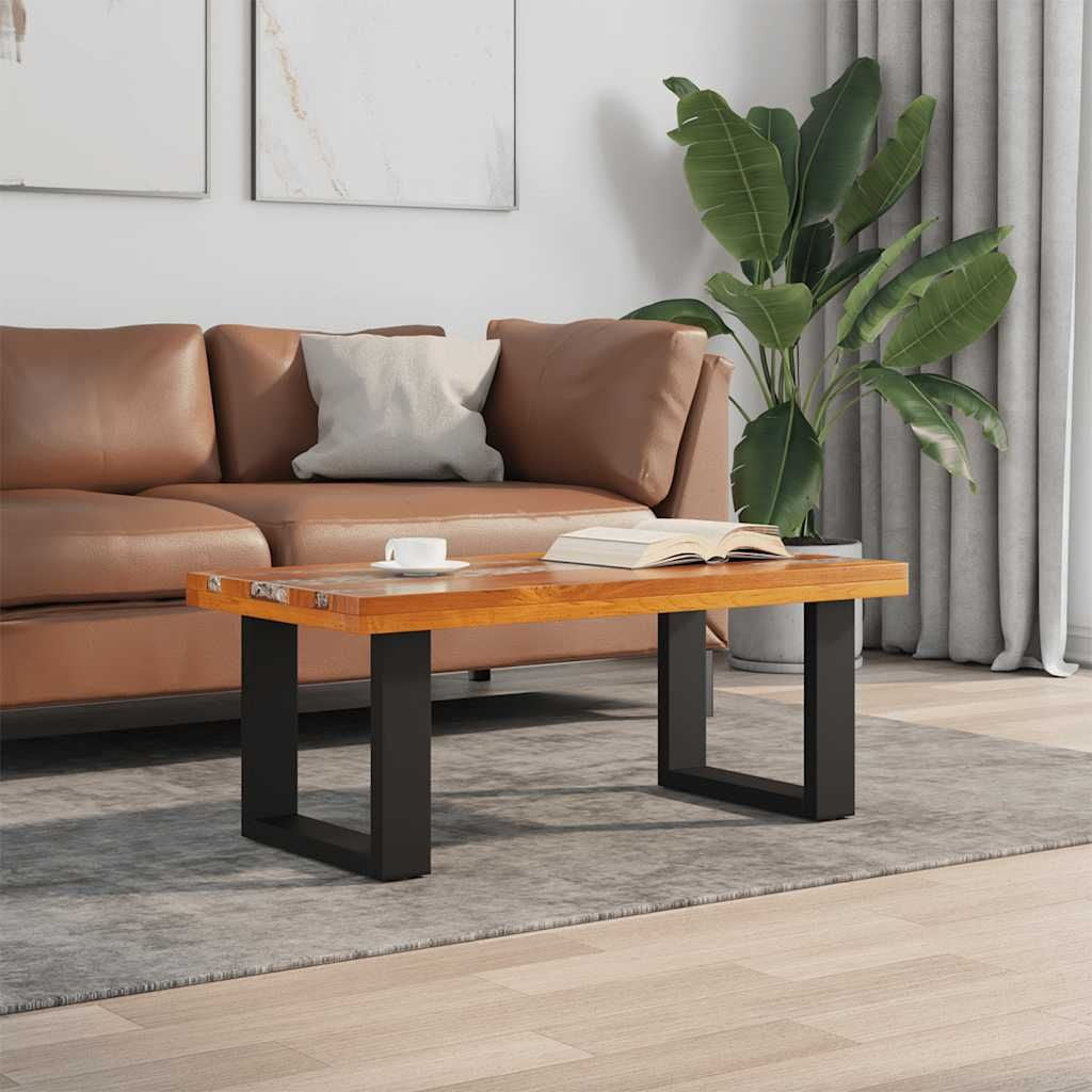 Coffee table multicolour teak and mango wood with clear resin, rectangular top and black metal legs