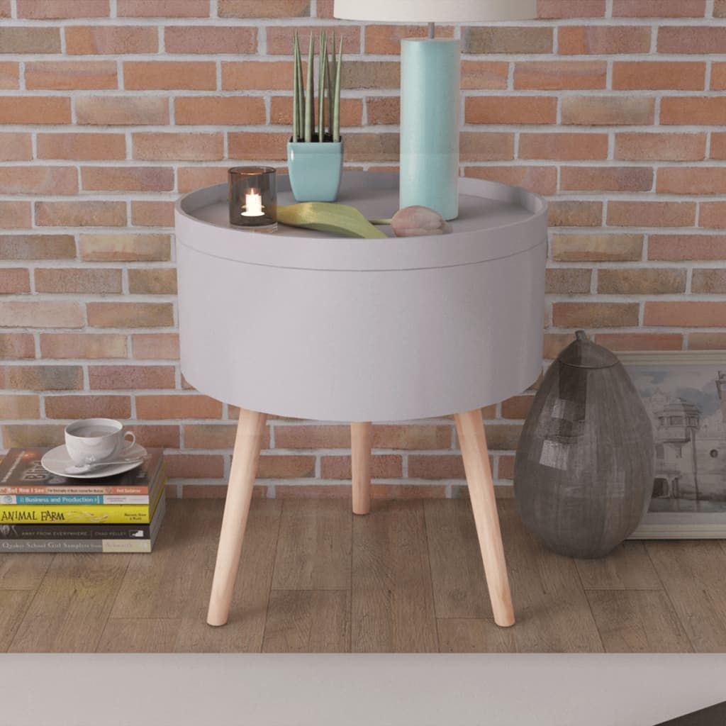 Gray round side table with serving-tray top and natural wood legs.