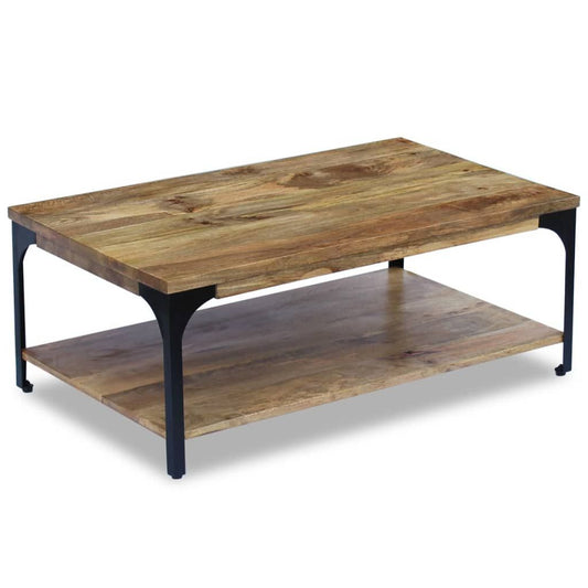 Coffee table, two-tier with natural mango wood top and lower shelf, black steel frame.