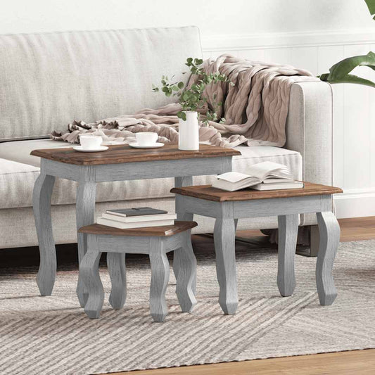Nesting tables brown wood tops with light gray painted legs; small, medium, and large three-piece set