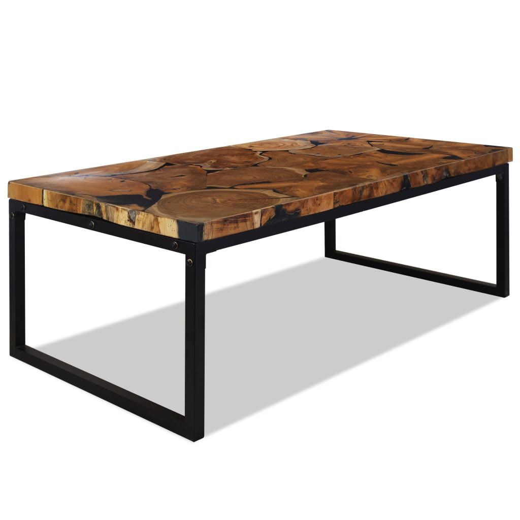 Coffee table with black metal frame and a brown-black teak wood and resin top
