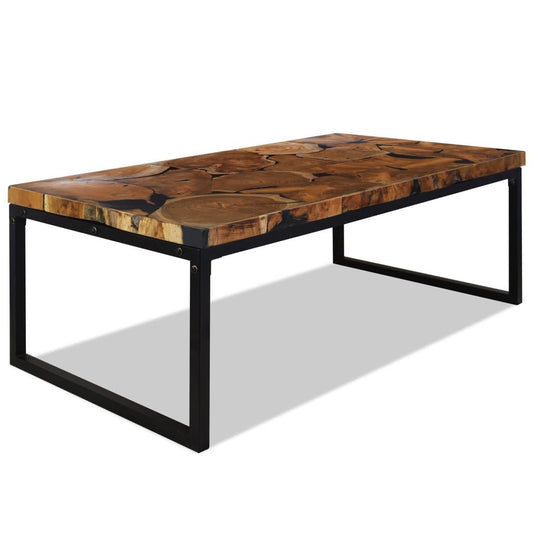 Coffee table with black metal frame and a brown-black teak wood and resin top