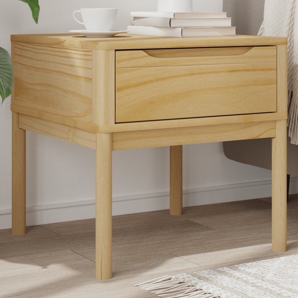 Lamp table in wax brown solid pine wood with single drawer for compact storage - modern design
