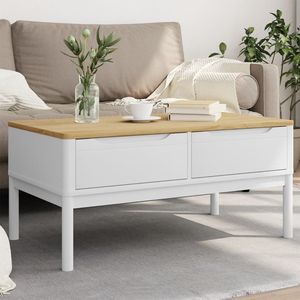 Coffee table white solid pine wood with natural wood top and two drawers by Doba