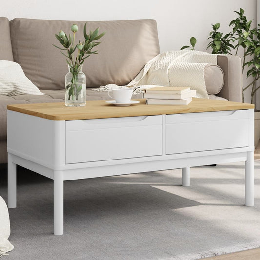 Coffee table white solid pine wood with natural wood top and two drawers by Doba