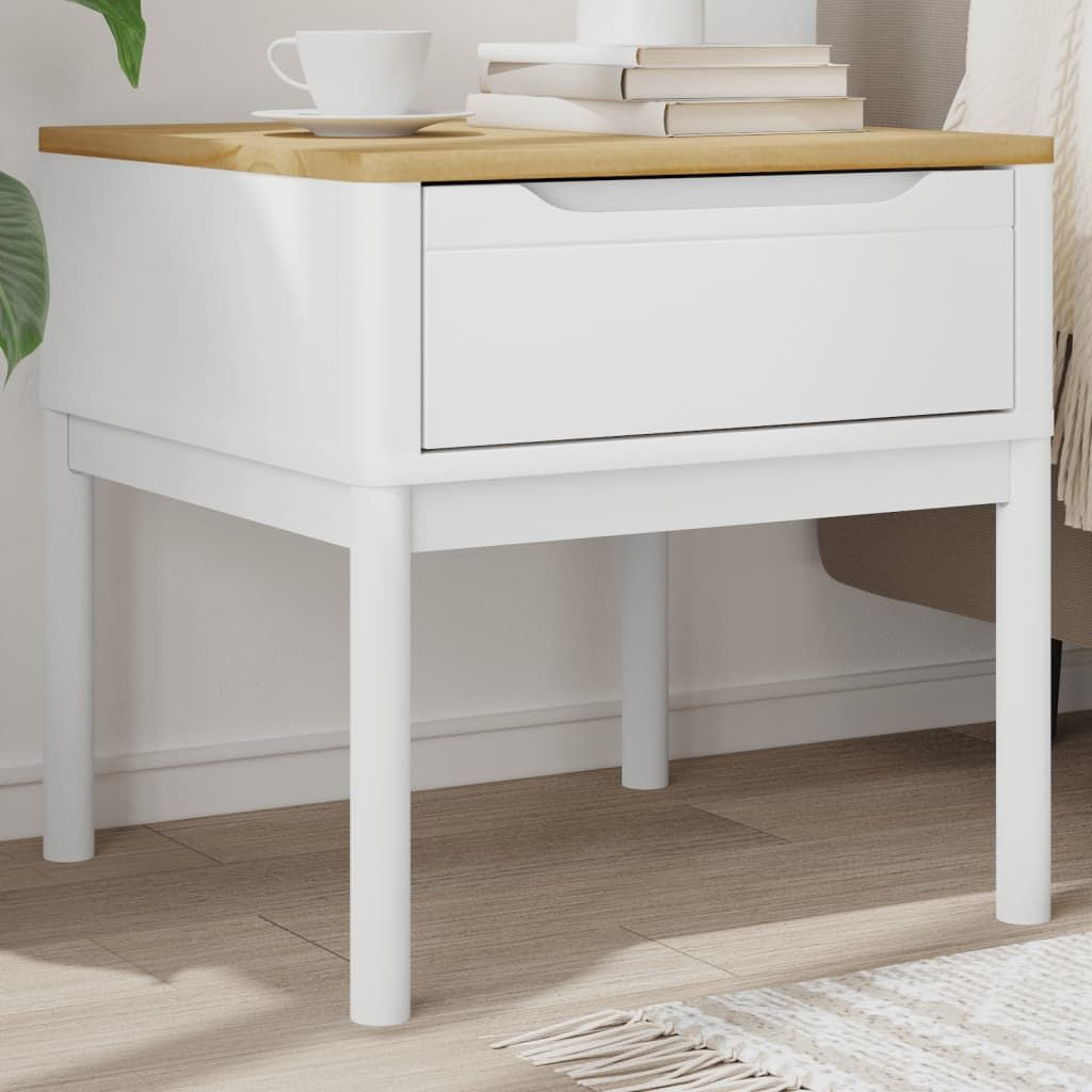 Lamp table white with natural pine wood top and single drawer, small square end table.