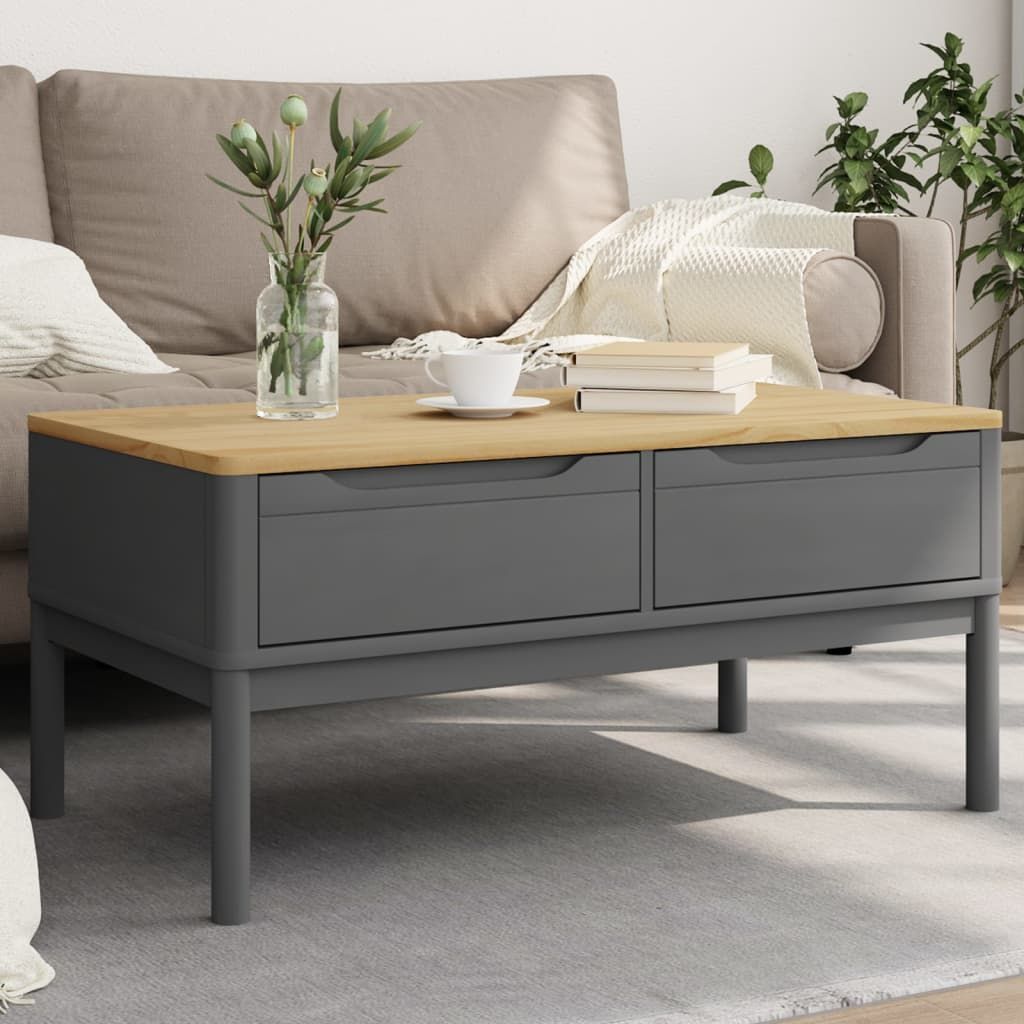 Coffee table grey solid pine wood with natural wood top and two front drawers