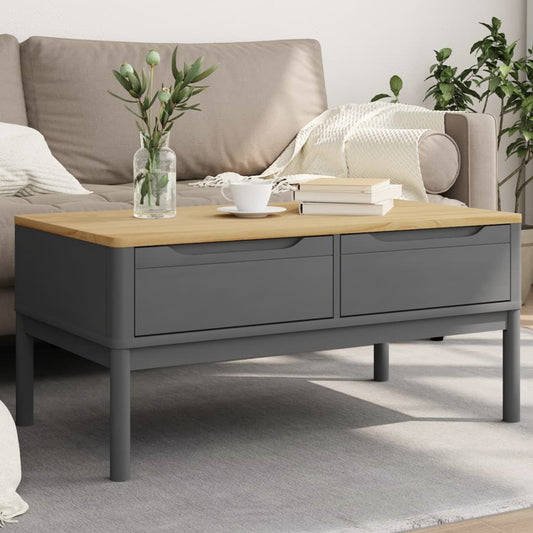 Coffee table grey solid pine wood with natural wood top and two front drawers
