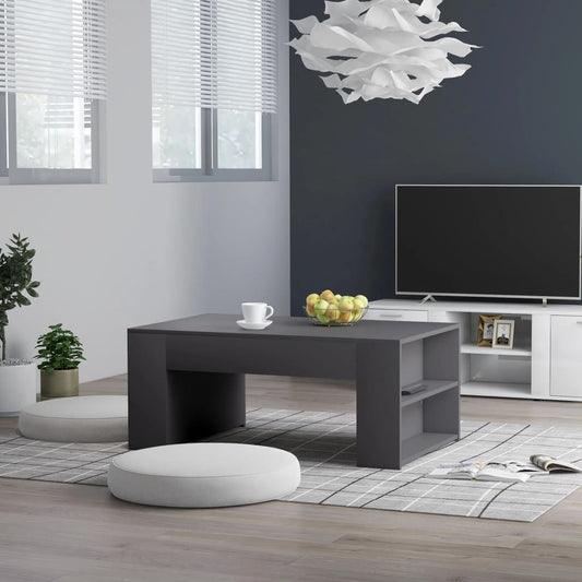 Coffee table, grey engineered wood, medium size with open side shelves for storage.
