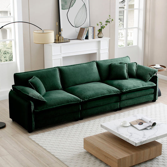 Mid-Century Modern 3-Seater sectional sofa in green corduroy with 2 arm pillows and 3 throw pillows by Doba