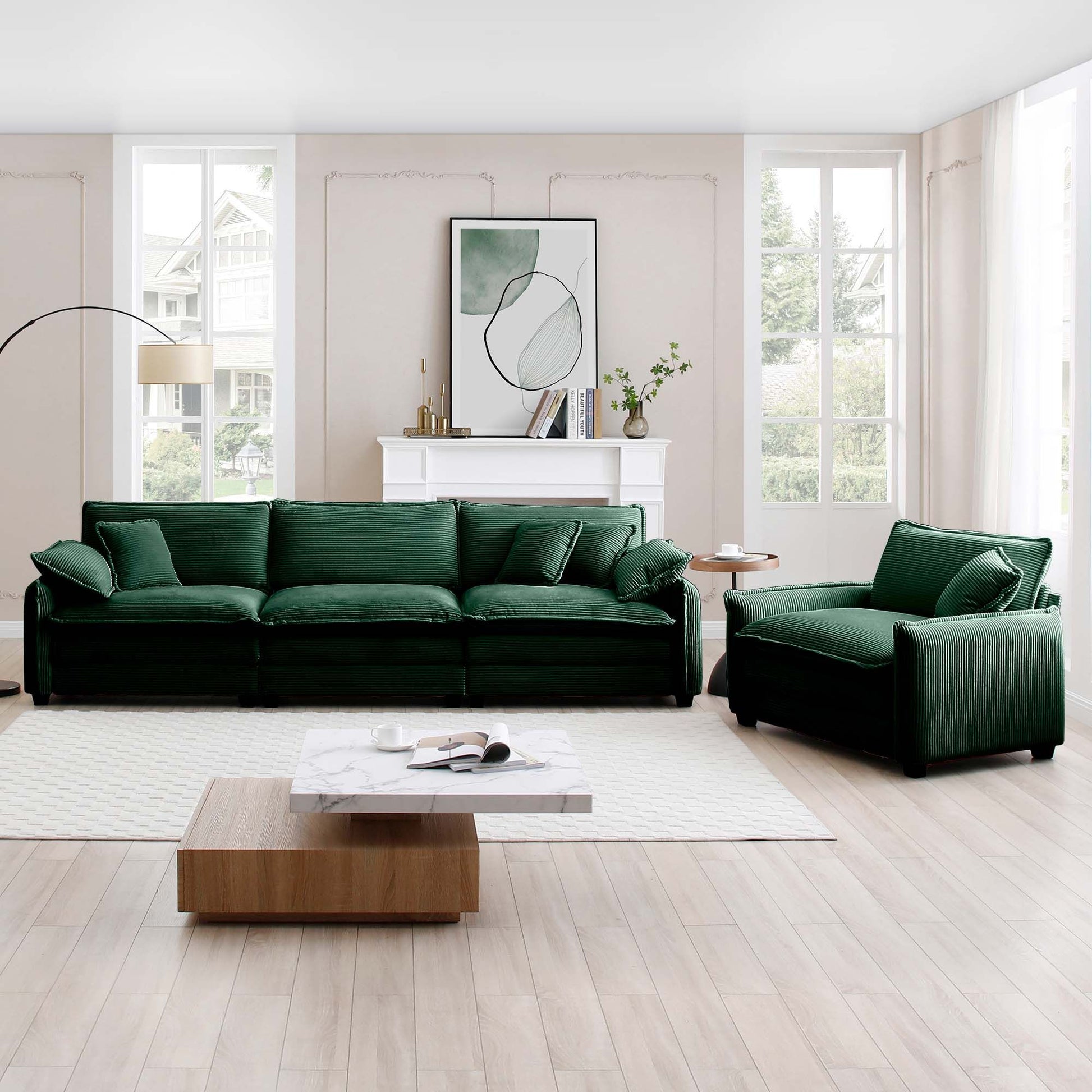 Mid-Century Modern sofa set (2): 3-seat + single-seat in emerald green velvet with 2 arm pillows and 4 throw pillows