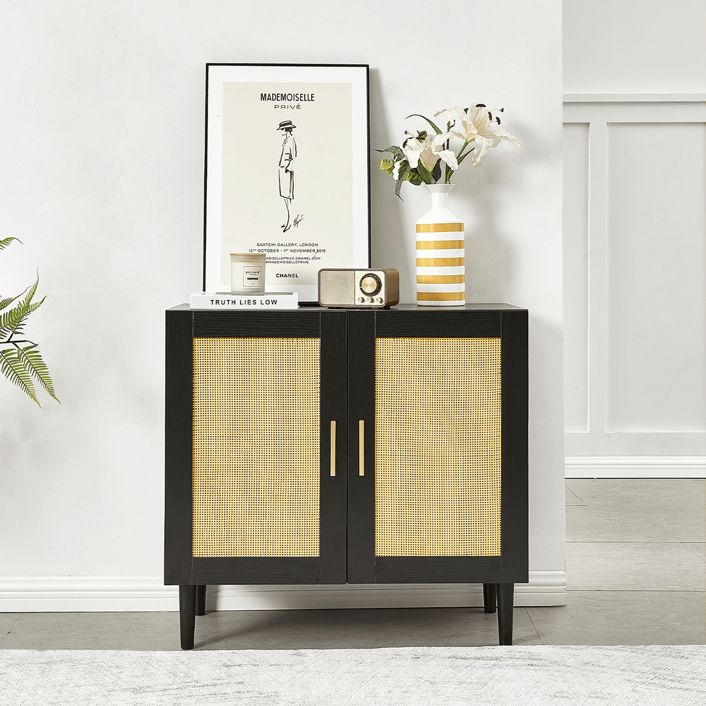 Sideboard buffet cabinet with natural rattan doors, black frame, and cane front panels