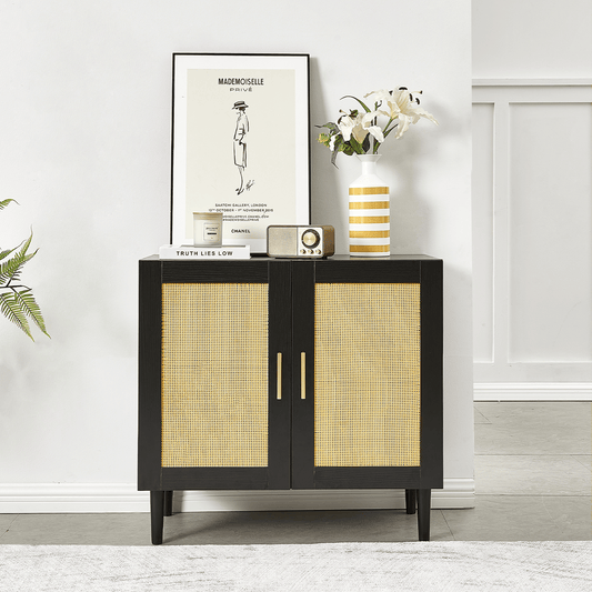Sideboard buffet cabinet with natural rattan doors, black frame, and cane front panels