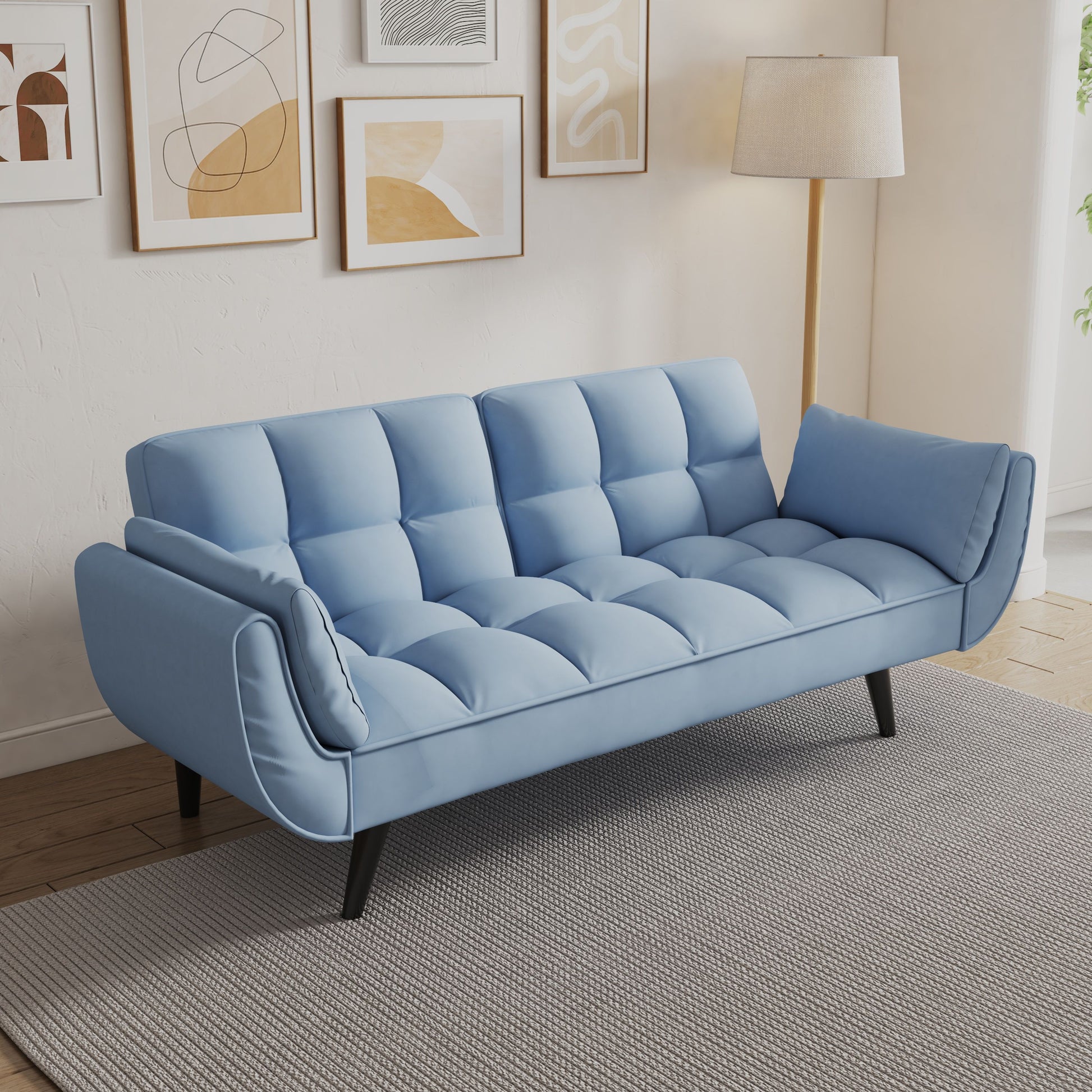 57-inch blue tufted sofa with two armrests in a modern living room