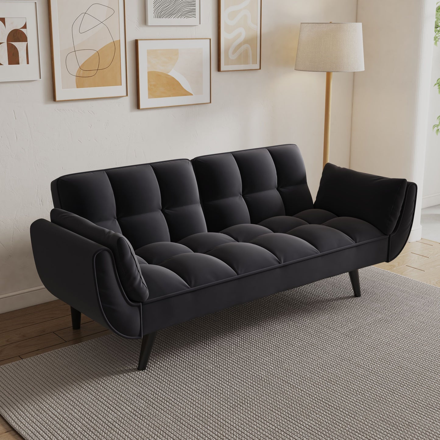 57-inch black tufted sofa with two armrests, ideal for small apartments.