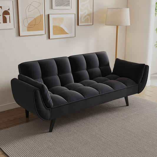 57-inch black tufted sofa with two armrests, ideal for small apartments.