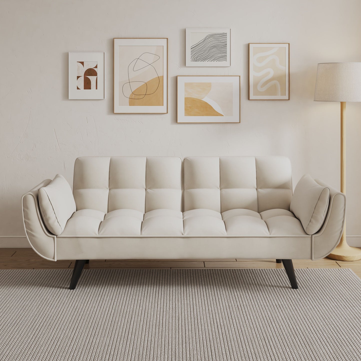 57-inch beige sofa with two armrests and soft upholstery, ideal for small apartments and bedrooms