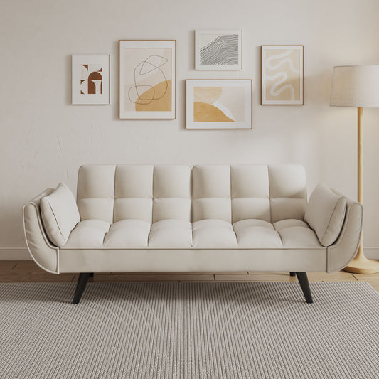 57-inch beige sofa with two armrests and soft upholstery, ideal for small apartments and bedrooms