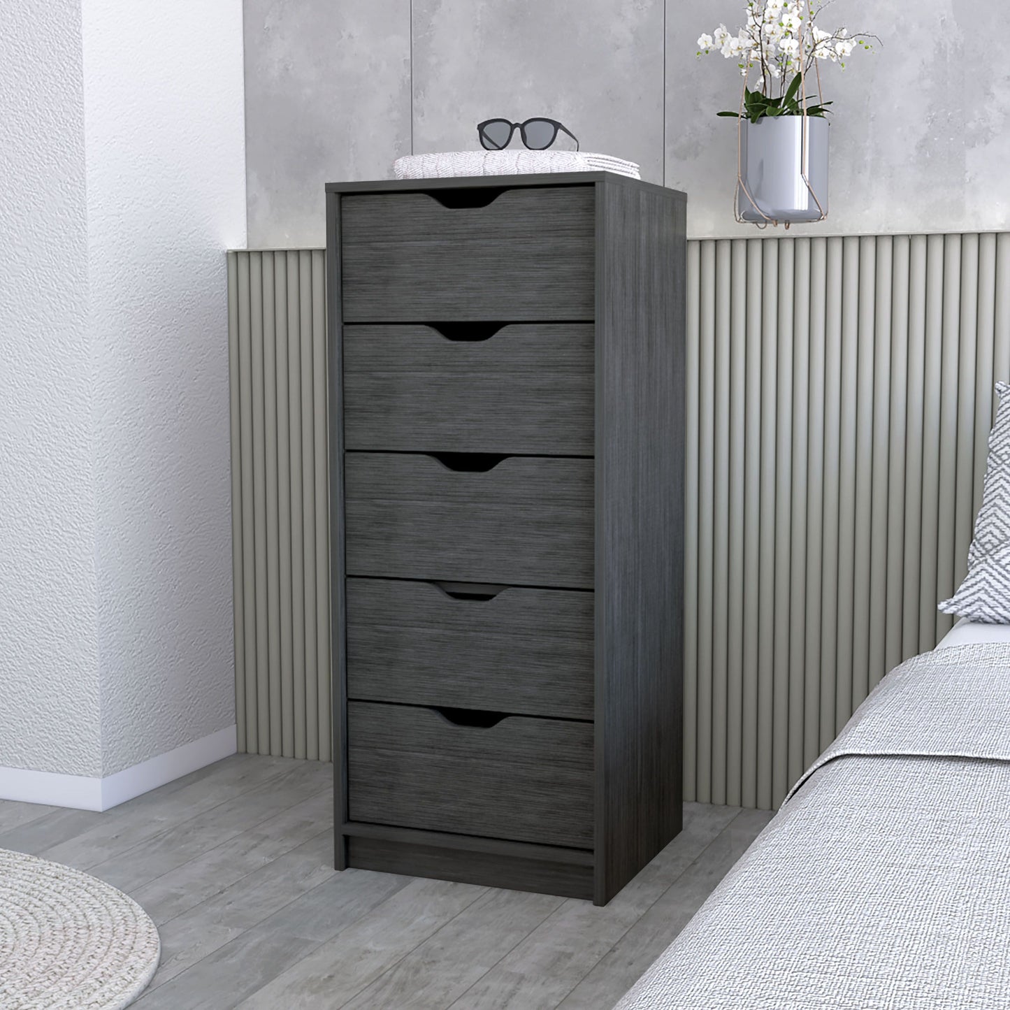 Dillon 5-drawer narrow dresser by Doba, tall gray wood chest of drawers in a modern bedroom with a hanging planter