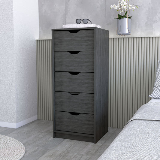 Dillon 5-drawer narrow dresser by Doba, tall gray wood chest of drawers in a modern bedroom with a hanging planter