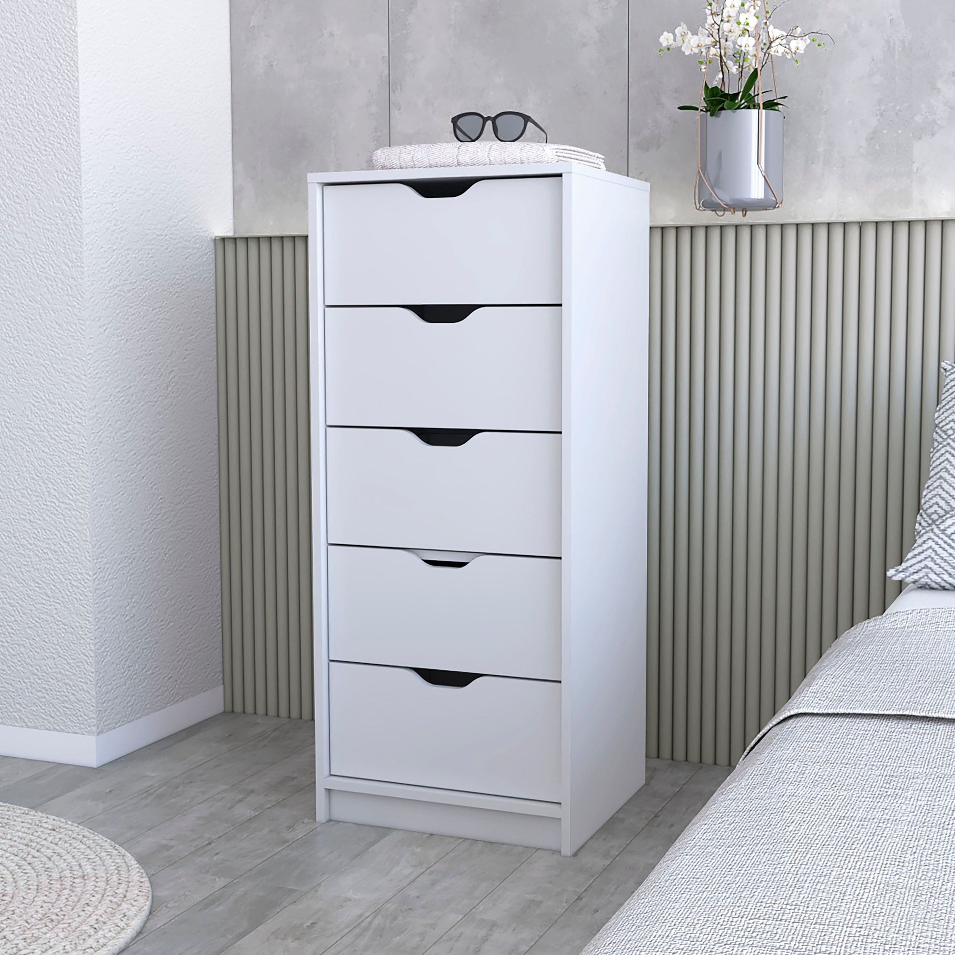 Logan White 5 Narrow Drawer Dresser by Doba, white finish with five shallow drawers.