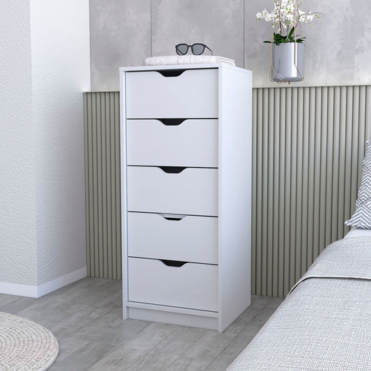 Logan White 5 Narrow Drawer Dresser by Doba, white finish with five shallow drawers.
