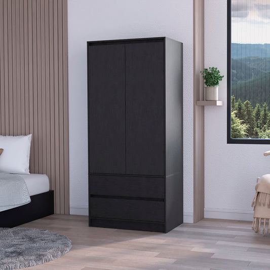 Armoire, black with 2 doors and 2 drawers, modern freestanding bedroom storage cabinet