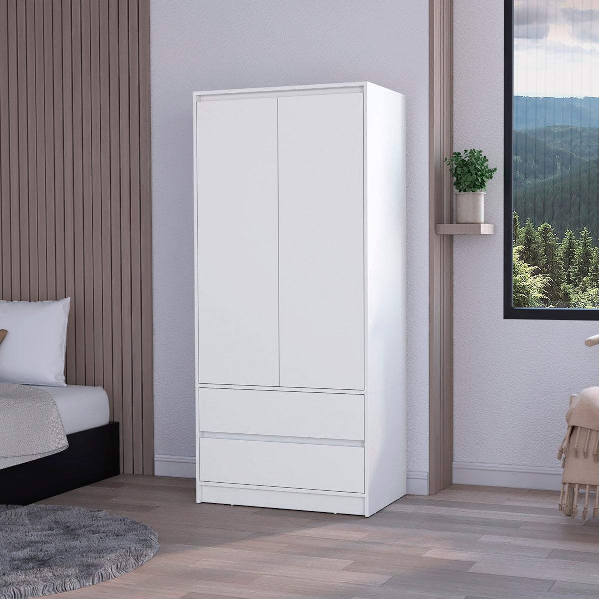 Doba white 2-drawer armoire with double doors for bedroom storage.