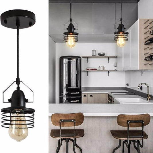 Doba industrial black metal cage pendant lights, pair for kitchen island and dining room, hung over the counter.