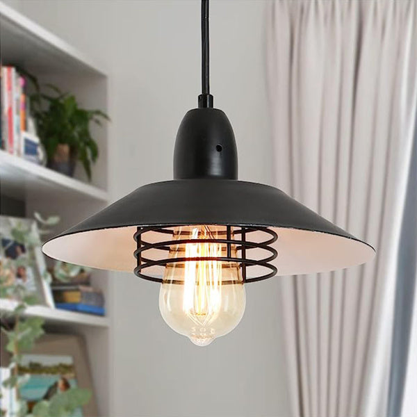 Farmhouse vintage pendant light in black metal with a spring frame and exposed Edison bulb