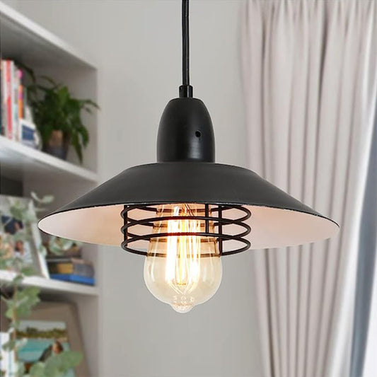 Farmhouse vintage pendant light in black metal with a spring frame and exposed Edison bulb