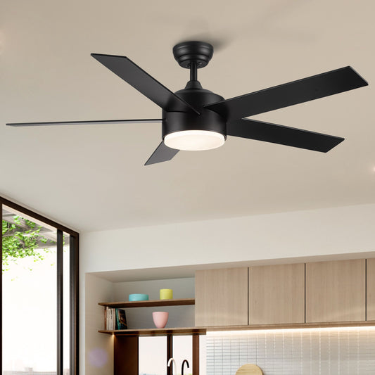 52 in matte black ceiling fan with 5 blades and integrated frosted-glass light, remote control