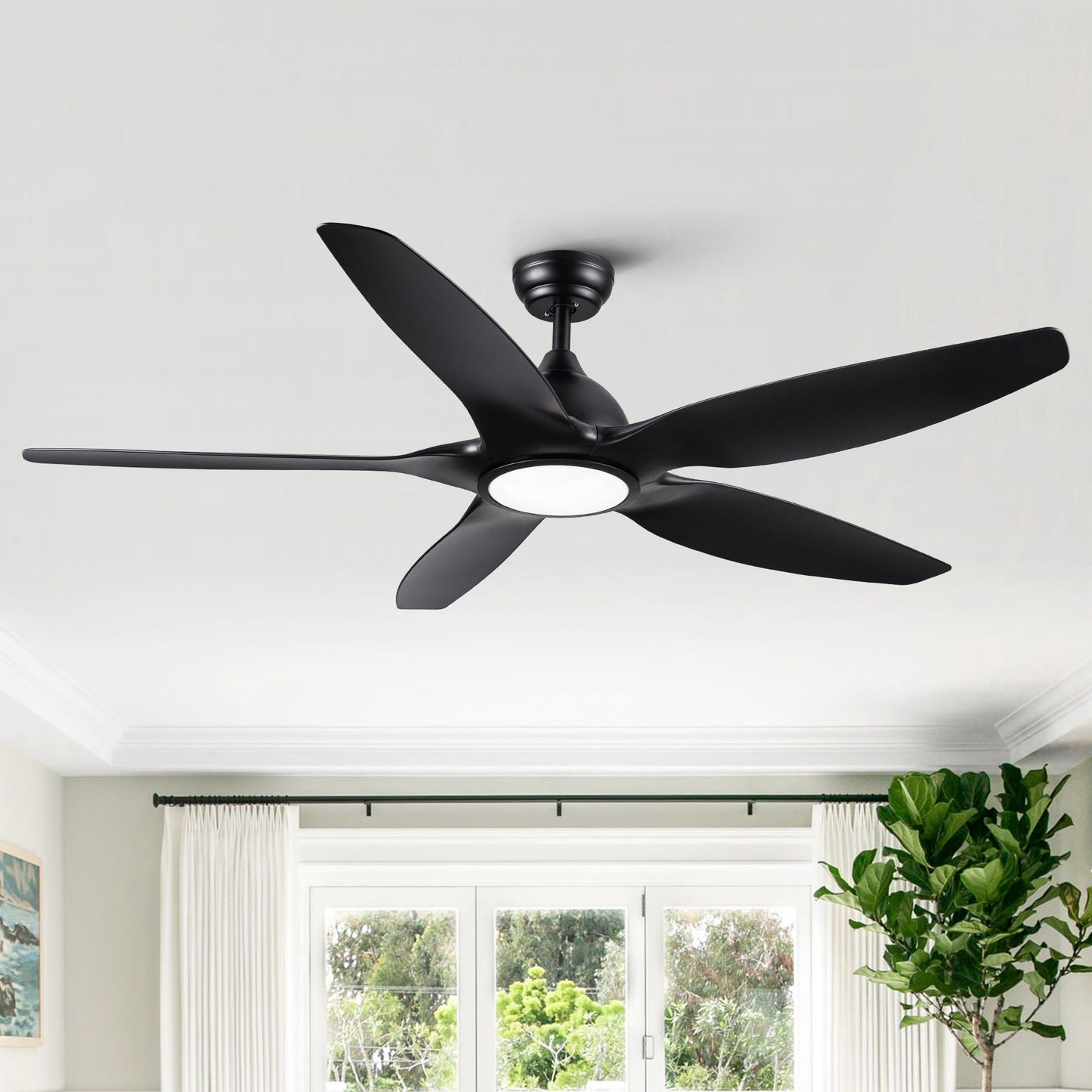 60-inch black integrated LED farmhouse ceiling fan with remote in bright living room