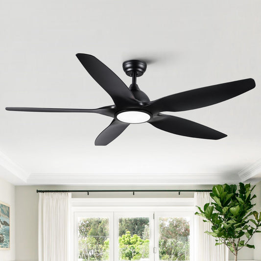 60-inch black integrated LED farmhouse ceiling fan with remote in bright living room