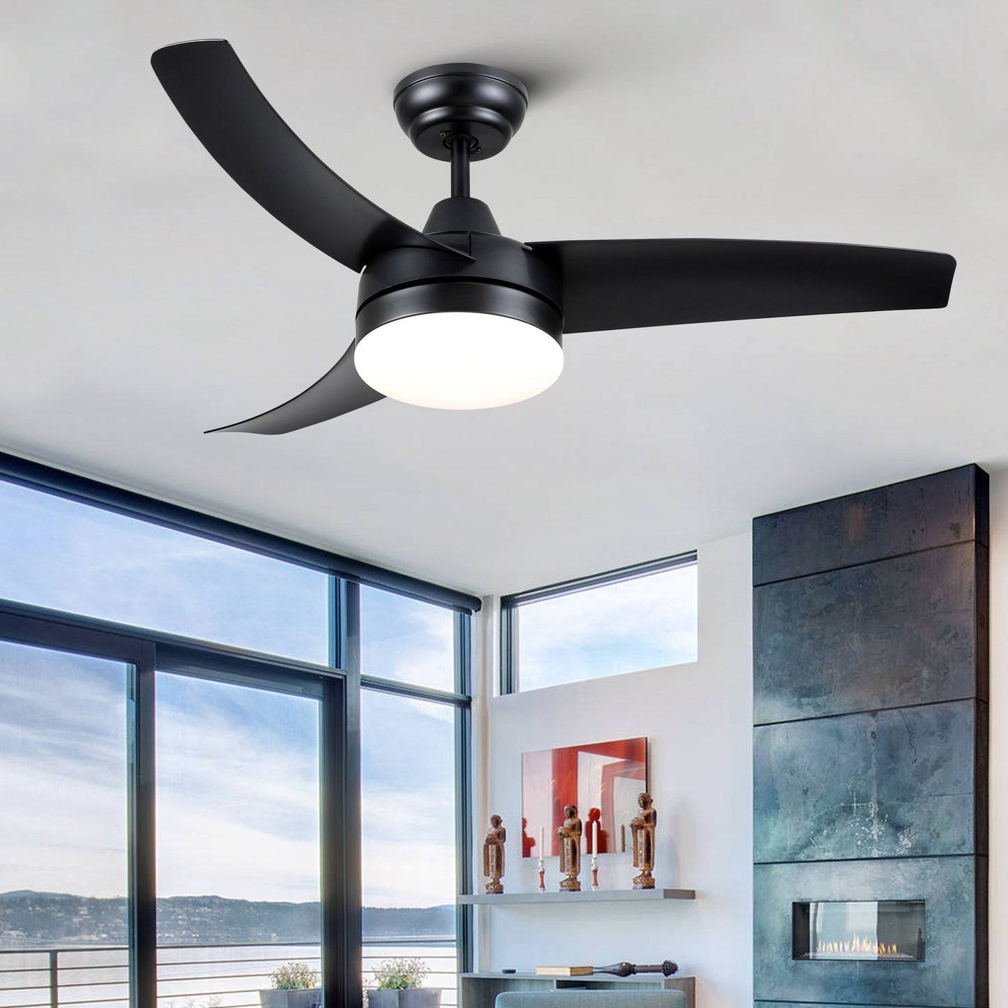 YUHAO 42in integrated LED ceiling fan with 3 matte black blades.