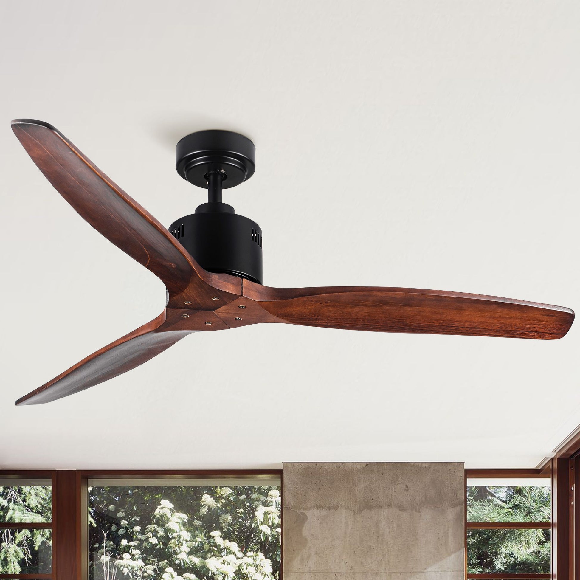 Ceiling fan, black farmhouse style with dark wooden blades and integrated LED