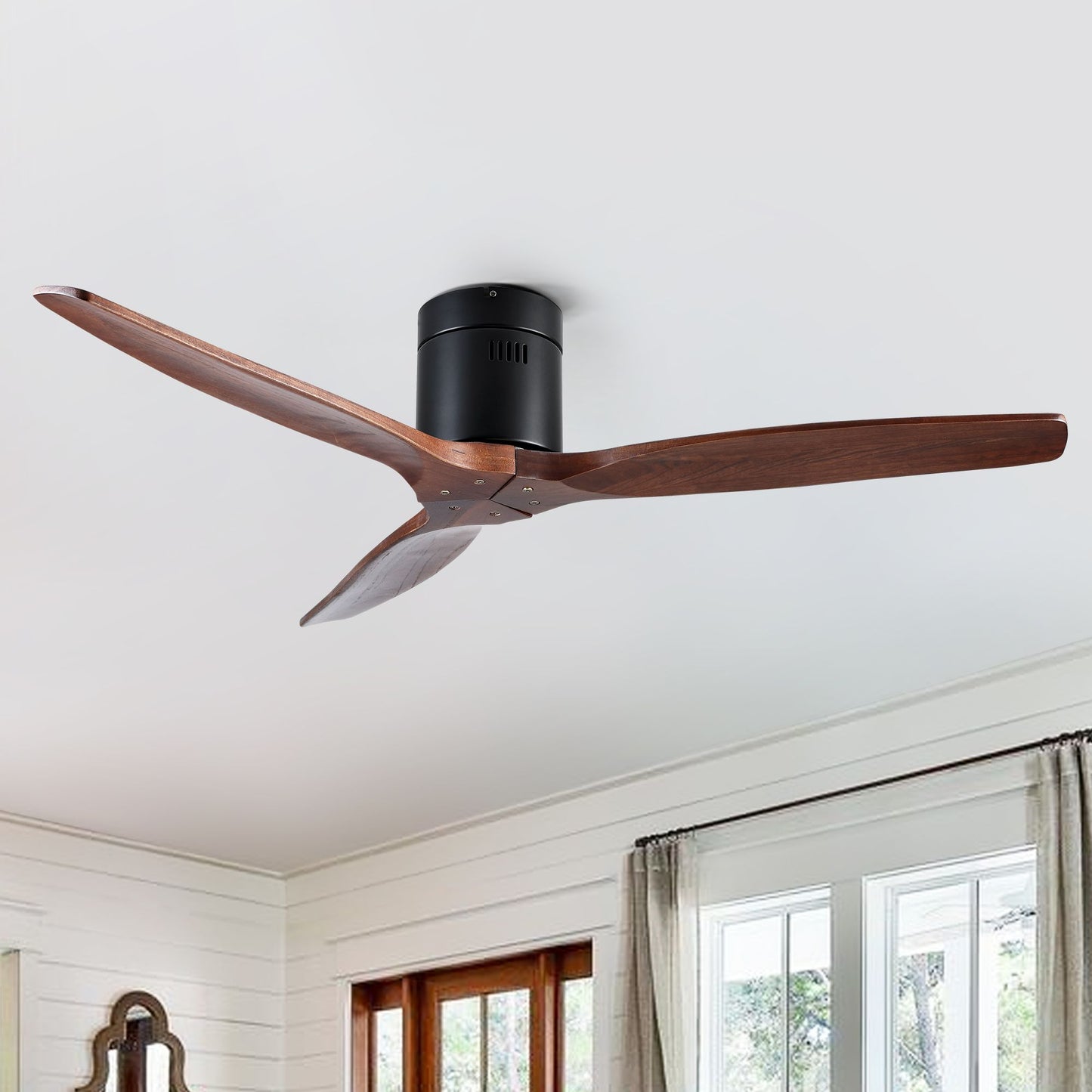 52-Inch farmhouse flush-mount ceiling fan by Doba with solid wood blades and remote control