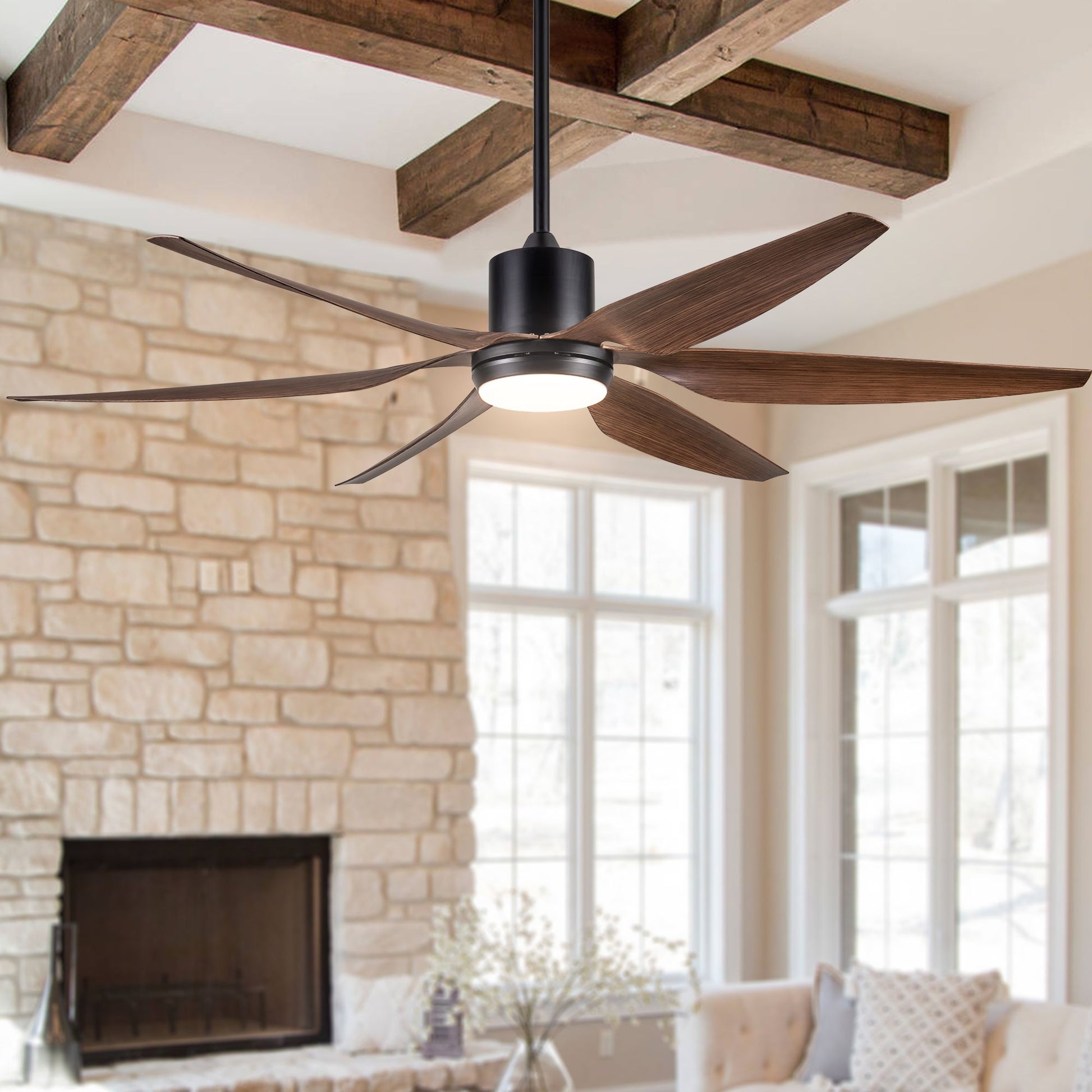 66-in. integrated LED farmhouse ceiling fan with distressed wood blades and brown finish