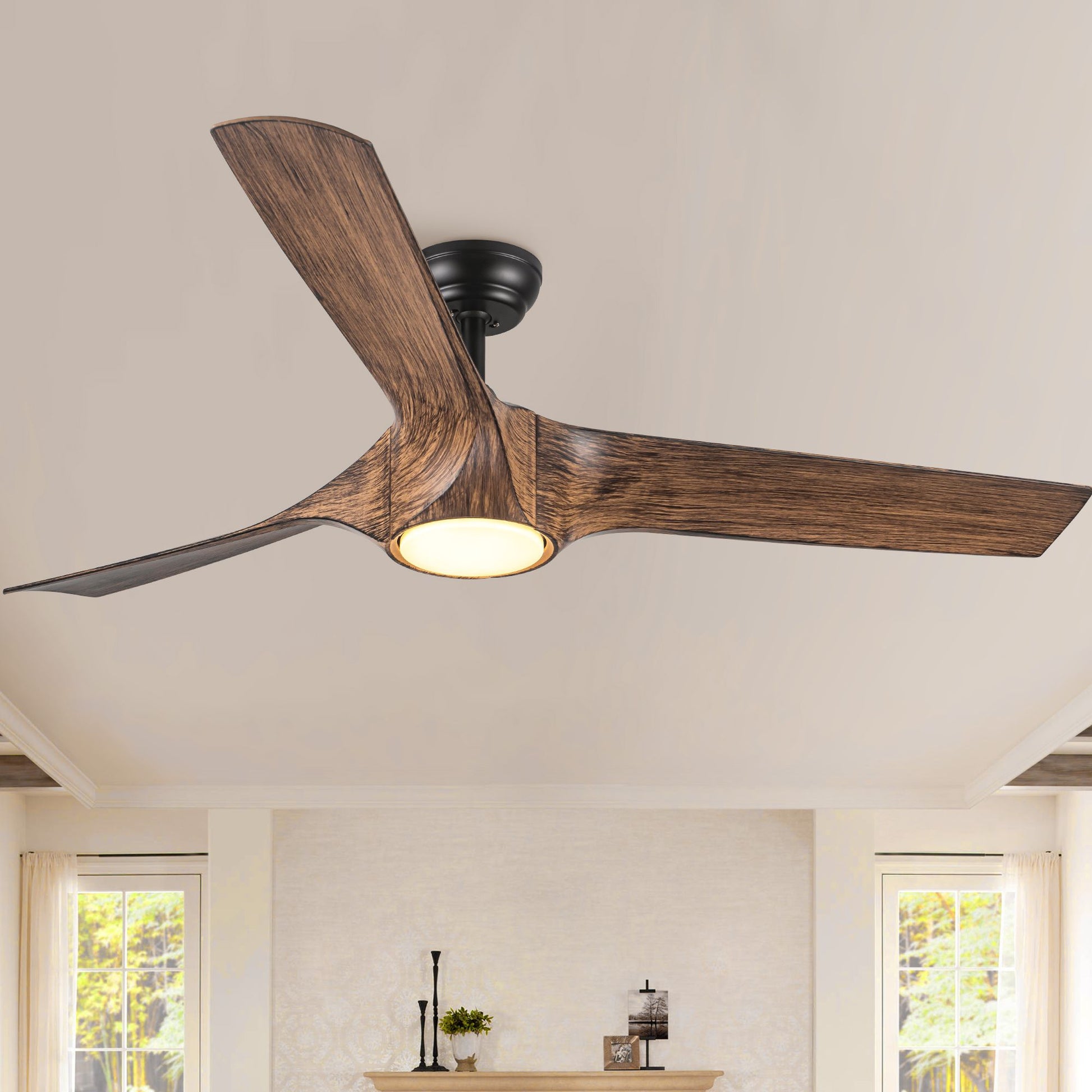 Brown imitation-wood 56 in. ceiling fan with integrated LED light kit, indoor/outdoor use, remote control