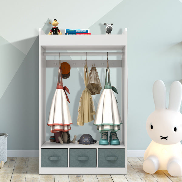 Kids Costume Organizer Armoire, White open wardrobe with hanging dresses and three fabric bins