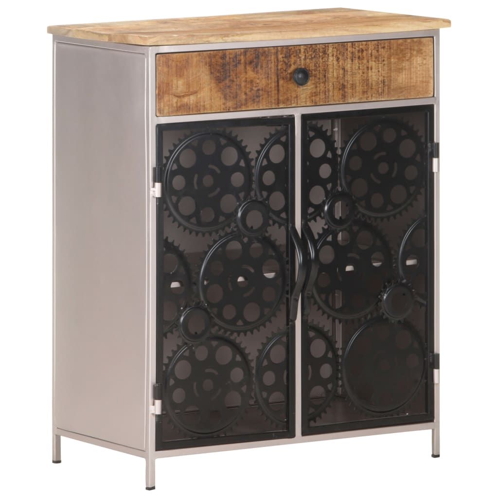 Sideboard with rough mango wood top and silver powder-coated iron frame, glass doors with gear-patterned panels
