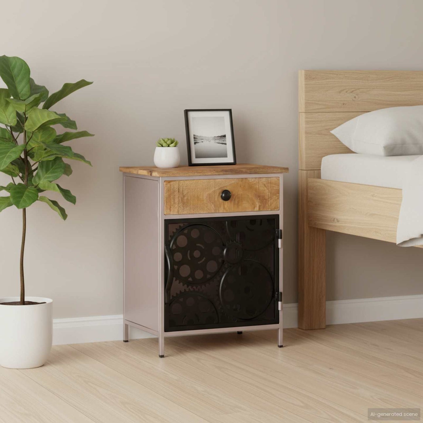 Bedside cabinet with rough mango wood top in natural finish and silver iron frame by Doba.