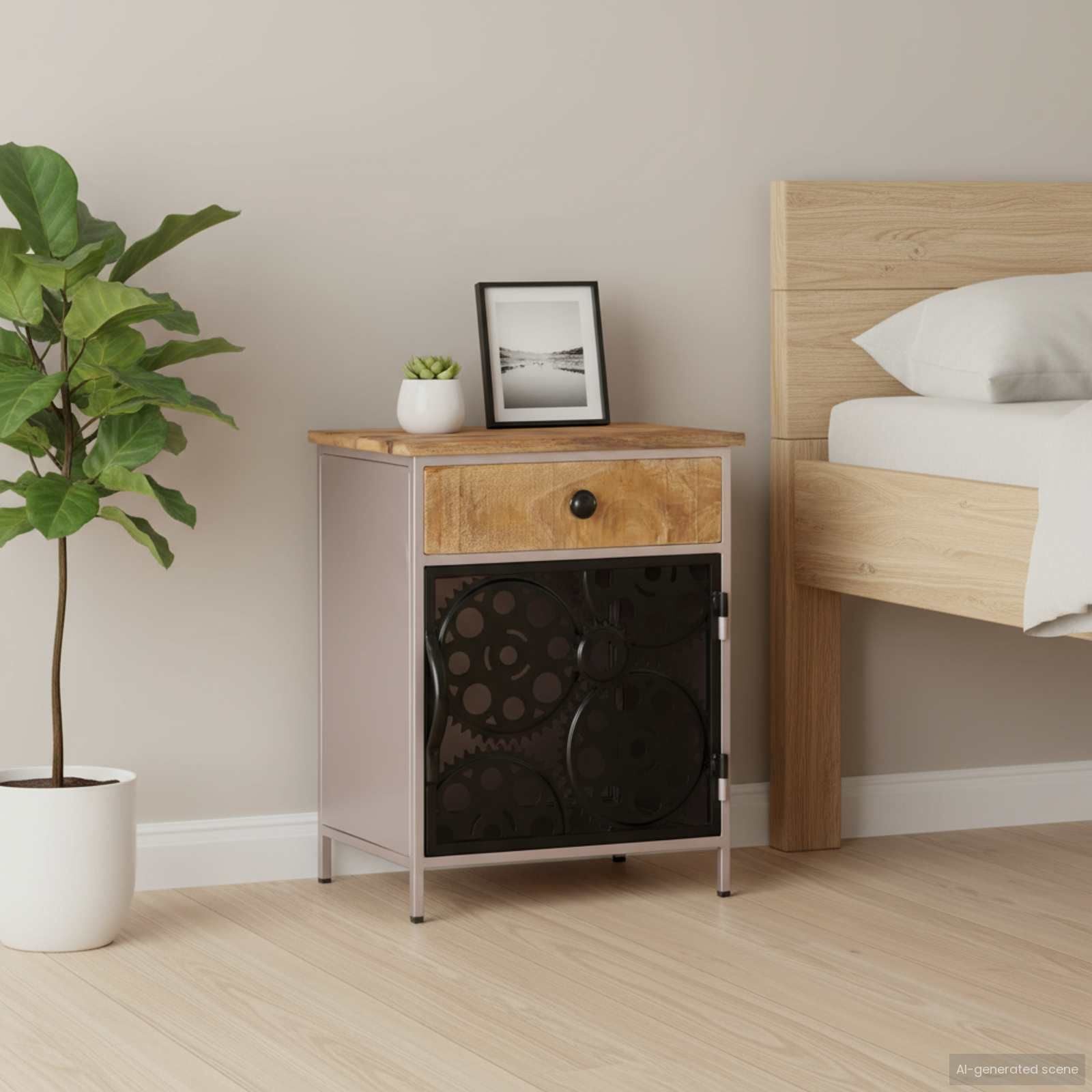 Bedside cabinet with rough mango wood top in natural finish and silver iron frame by Doba.
