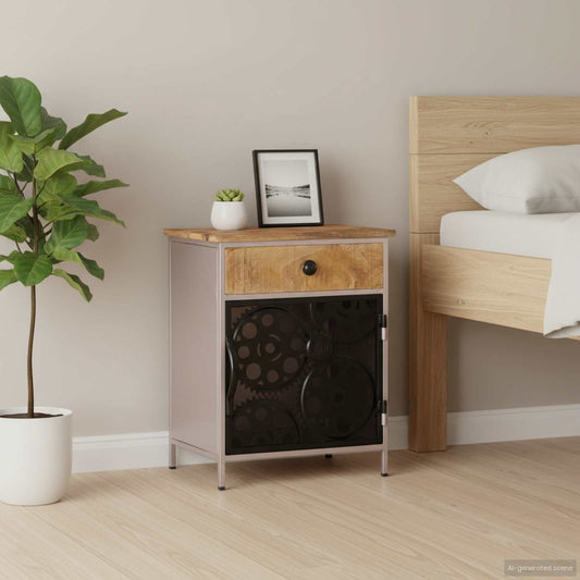Bedside cabinet with rough mango wood top in natural finish and silver iron frame by Doba.