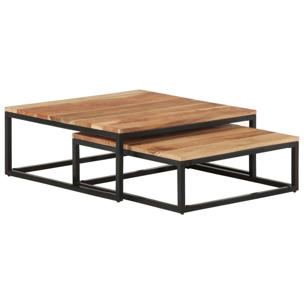 Nesting coffee tables set of 2 with natural wood tops and black metal frames