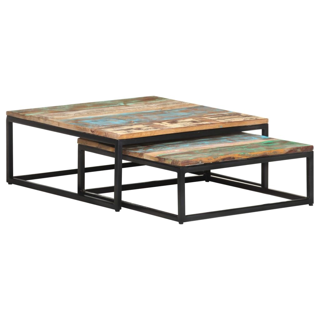 Coffee table set of 2 nesting tables with multicolor reclaimed wood tops and black metal frames