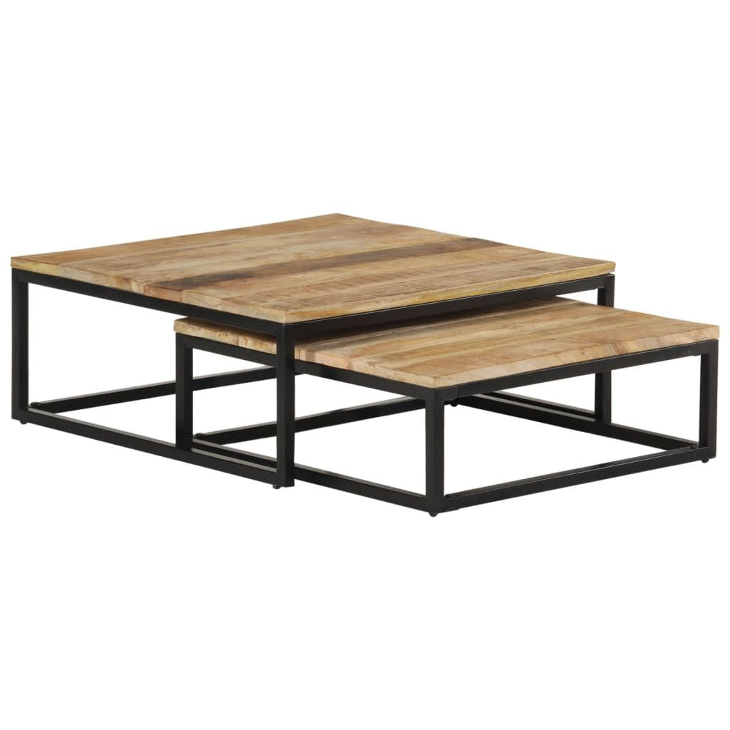 Coffee table set of 2 with natural mango wood tops and black metal frames, nesting design, Doba