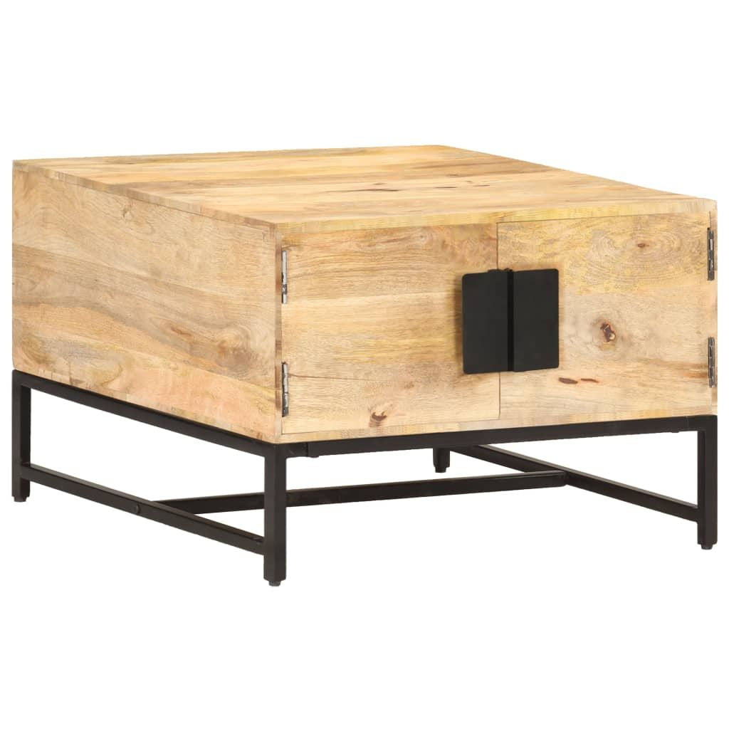 Coffee table in natural solid mango wood with a powder-coated iron frame and storage cabinet doors